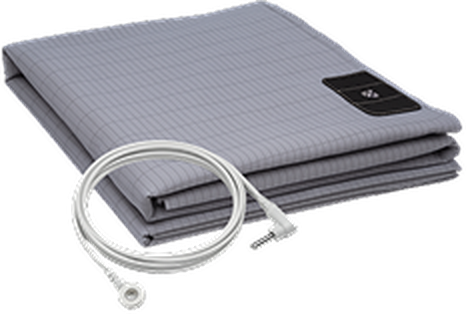 BareEarth grounding sheet: a grey silver-threaded fitted sheet folded on a white background, shown with its black grounding connector and coiled cord.