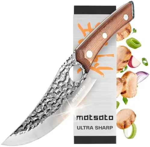 Matsato chef knife with a curved blade and a wooden handle, shown with its branded product card and sliced vegetables on a white background.