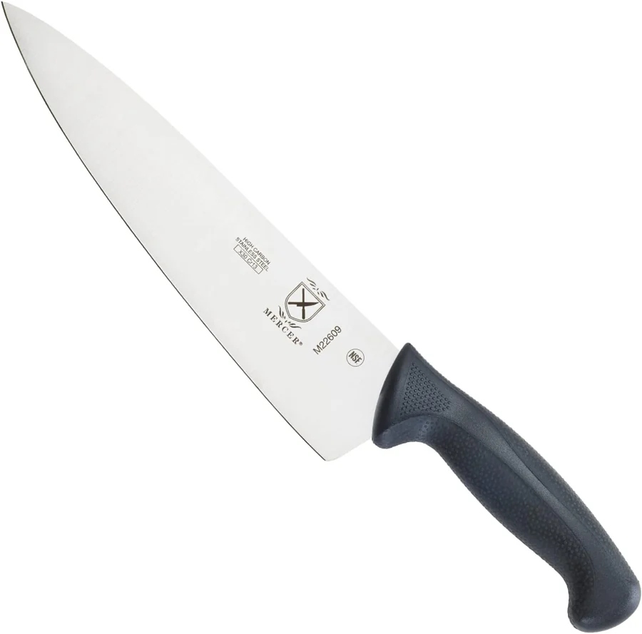 Mercer Millennia 9-inch chef's knife with a black textured Santoprene handle, shown on a white background (preview photo).